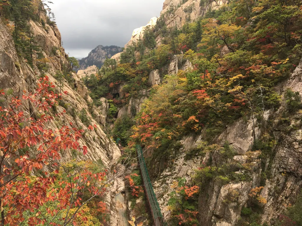 Steep granite cliffs and red and orange autumn leaves in a valley in Seoraksan National Park