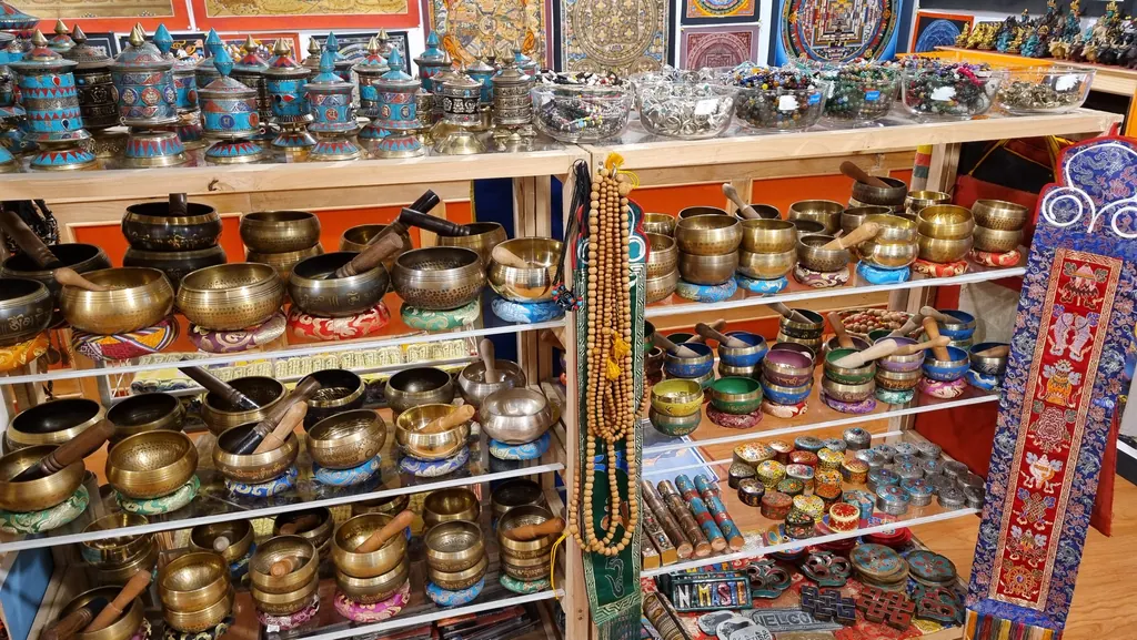 Singing bowls and Buddhist ritual objects for sale in Namche Bazaar