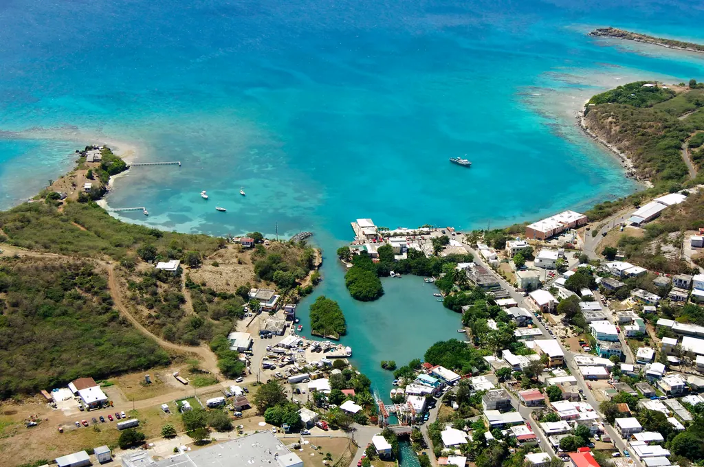 Aerial view of Dewey on Culebra with the ferry landing, small houses and turquoise water