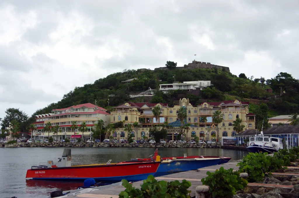 The harbor of Marigot on the French side of Saint Martin, with Fort Louis on the hill above