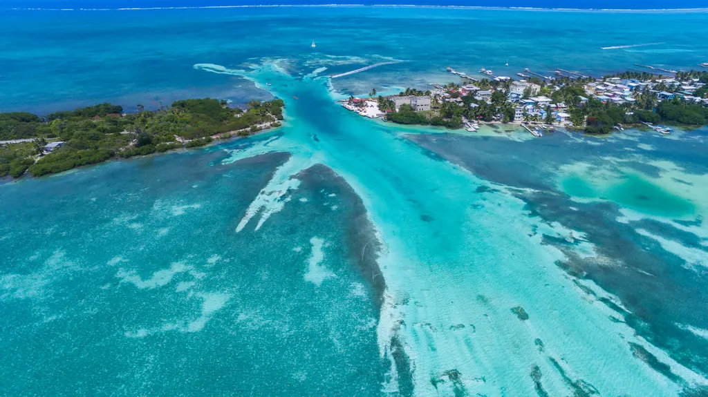 Aerial view of Caye Caulker in Belize with the turquoise channel known as the Split