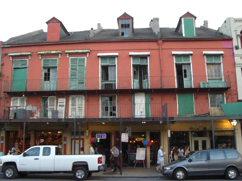 Historic buildings with iron balconies on Decatur Street in the French Quarter