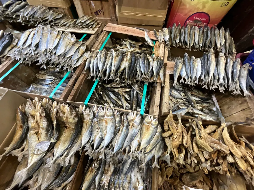 Dried fish laid out in wooden boxes at Taboan Market in Cebu City
