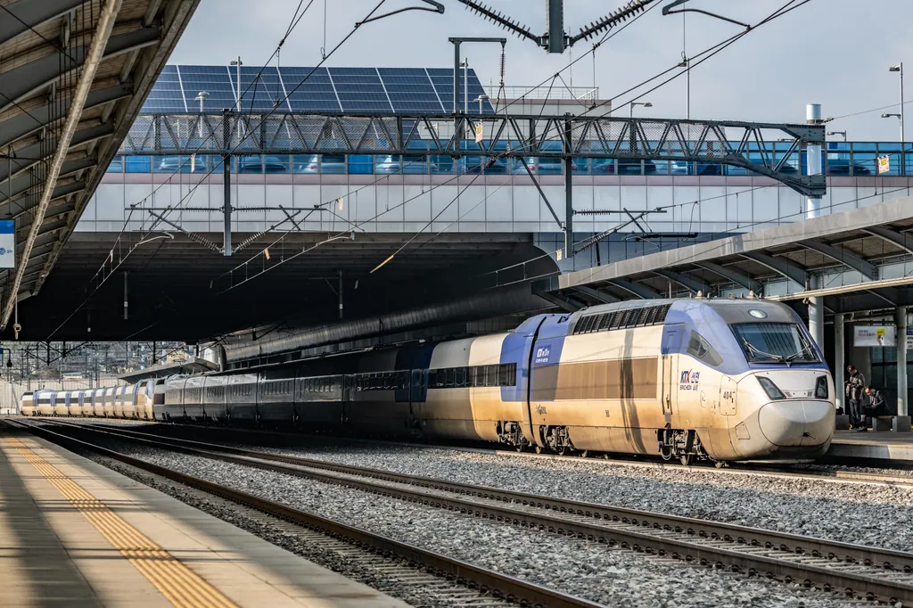A KTX-Sancheon high-speed train waiting at the platform of Daejeon Station in sunshine