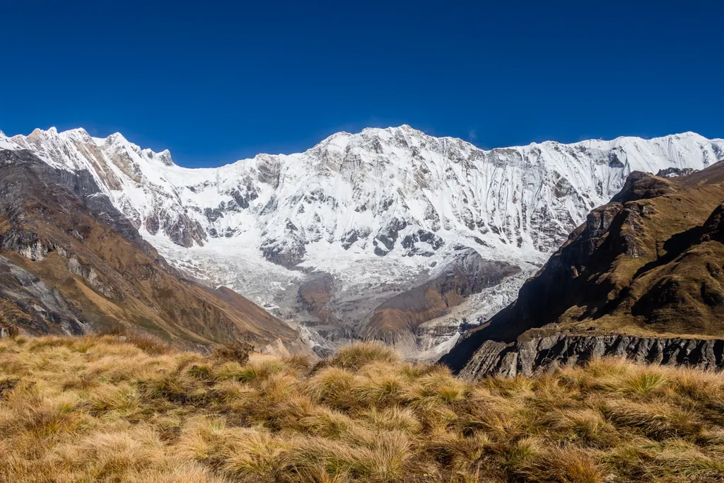 The south face of Annapurna I rising above a glacier seen from Annapurna Base Camp