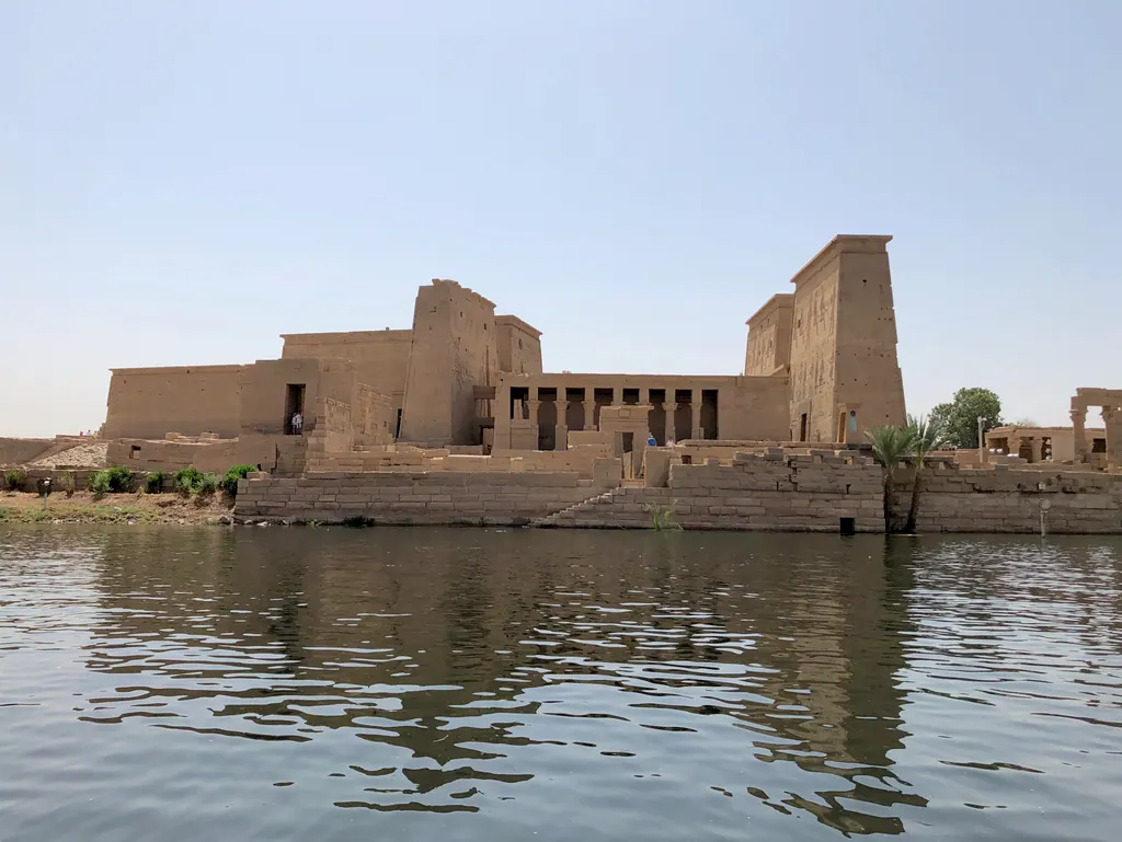 The Temple of Isis at Philae seen from a boat on the Nile near Aswan