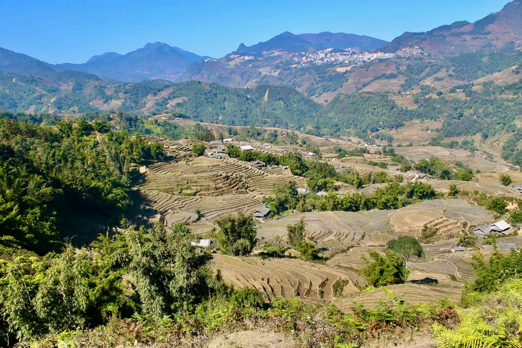 Terraced fields below Sapa town on a clear, dry winter day