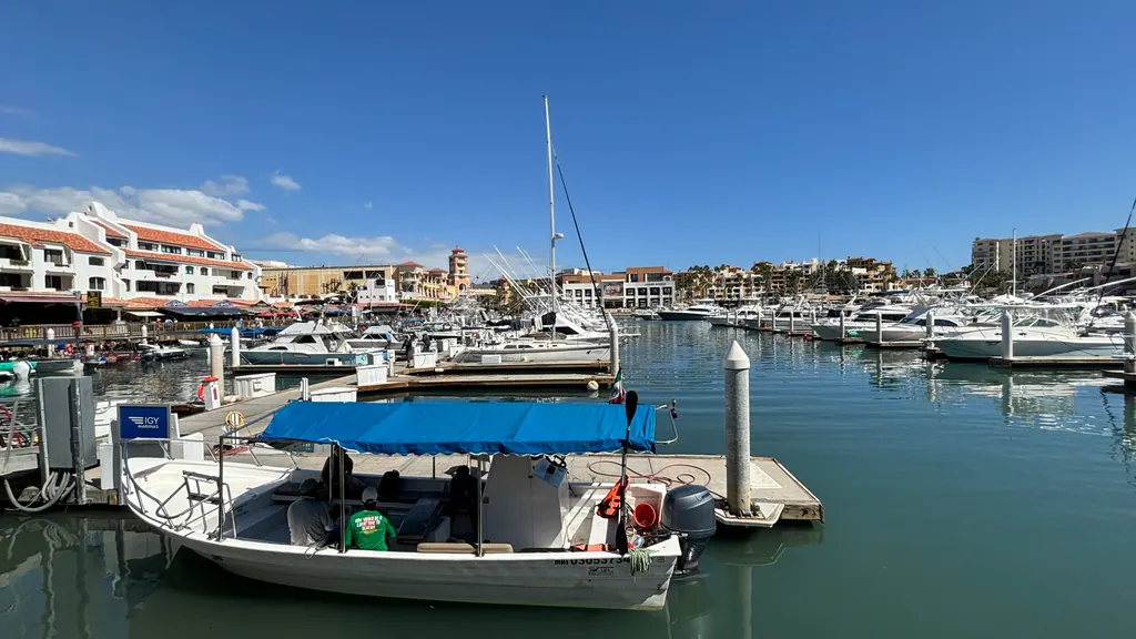 The marina at Cabo San Lucas with boats moored in front of hotels and shops