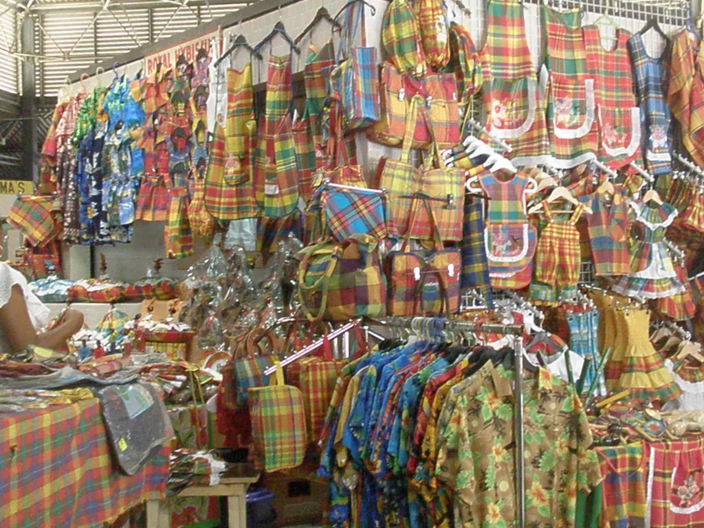 Madras fabric bags, dresses and shirts for sale at the Grand Marché in Fort-de-France, Martinique