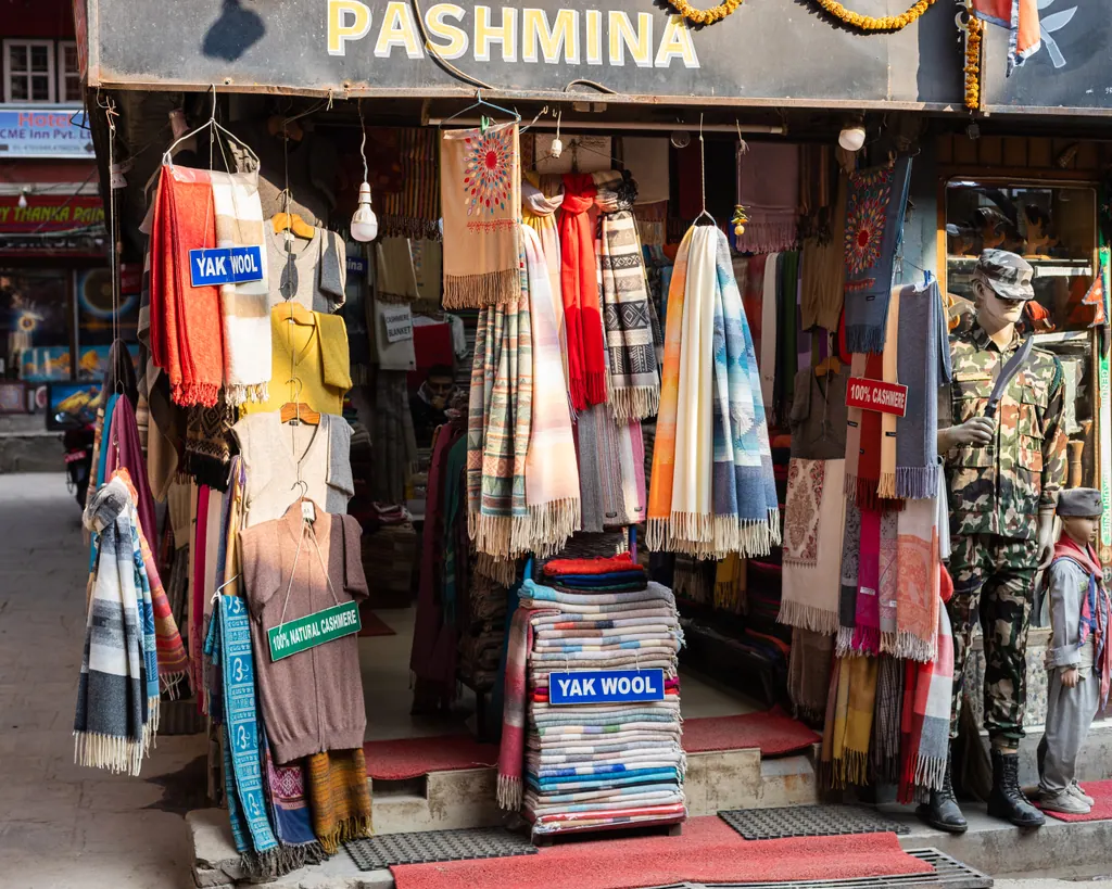 Pashmina and yak wool scarves hanging outside a shop in Thamel, Kathmandu