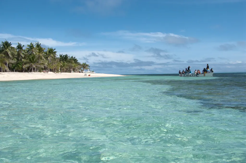 A white sand beach with palm trees and clear turquoise water on Malapascua Island