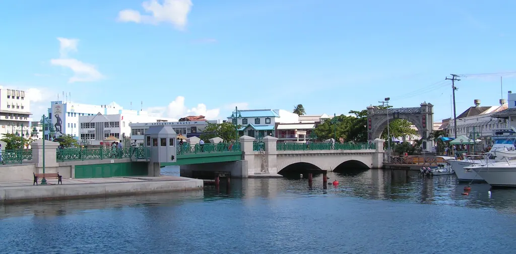 Chamberlain Bridge and the Careenage in Bridgetown, Barbados, under a blue sky