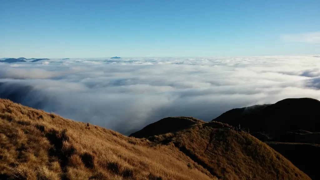 A sea of clouds below the grassy summit slopes of Mount Pulag under a clear blue sky